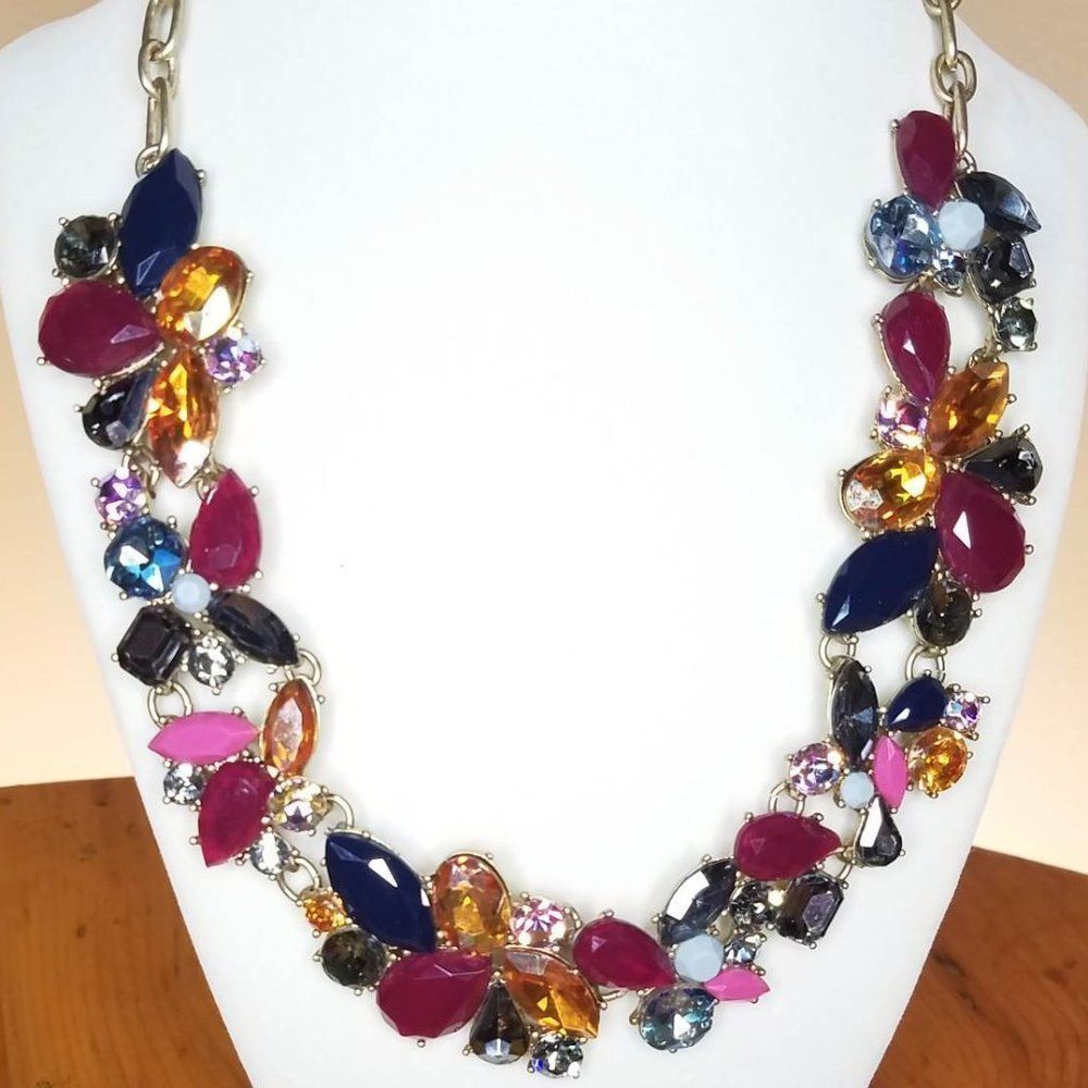 j Crew Statement Rhinestone Crystal Necklace Red blue gold pink in Brass